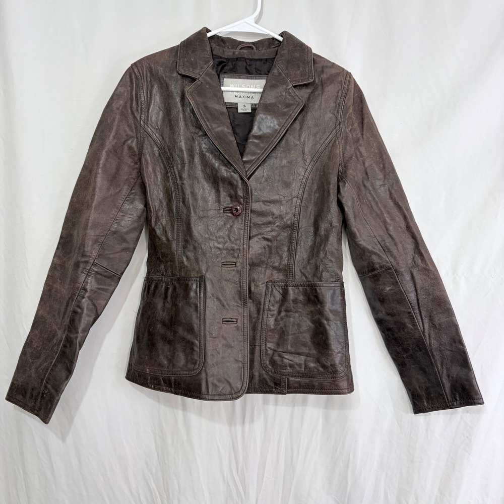 Vintage 1980s Wilsons Leather Brown Leather Blazer Jacket Womens S.  Distressed